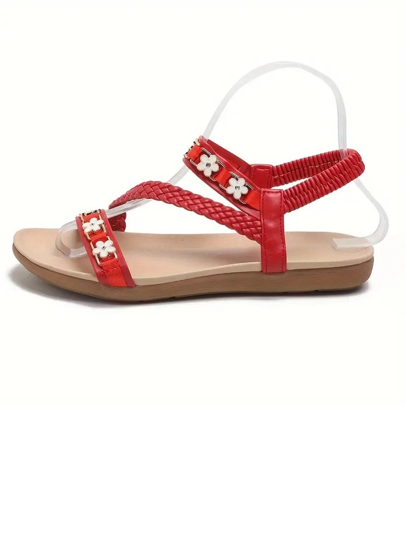 Çiçek Dekorlu Örgülü Detaylı Elastik Bantlı Kırmızı Kadın Sandalet