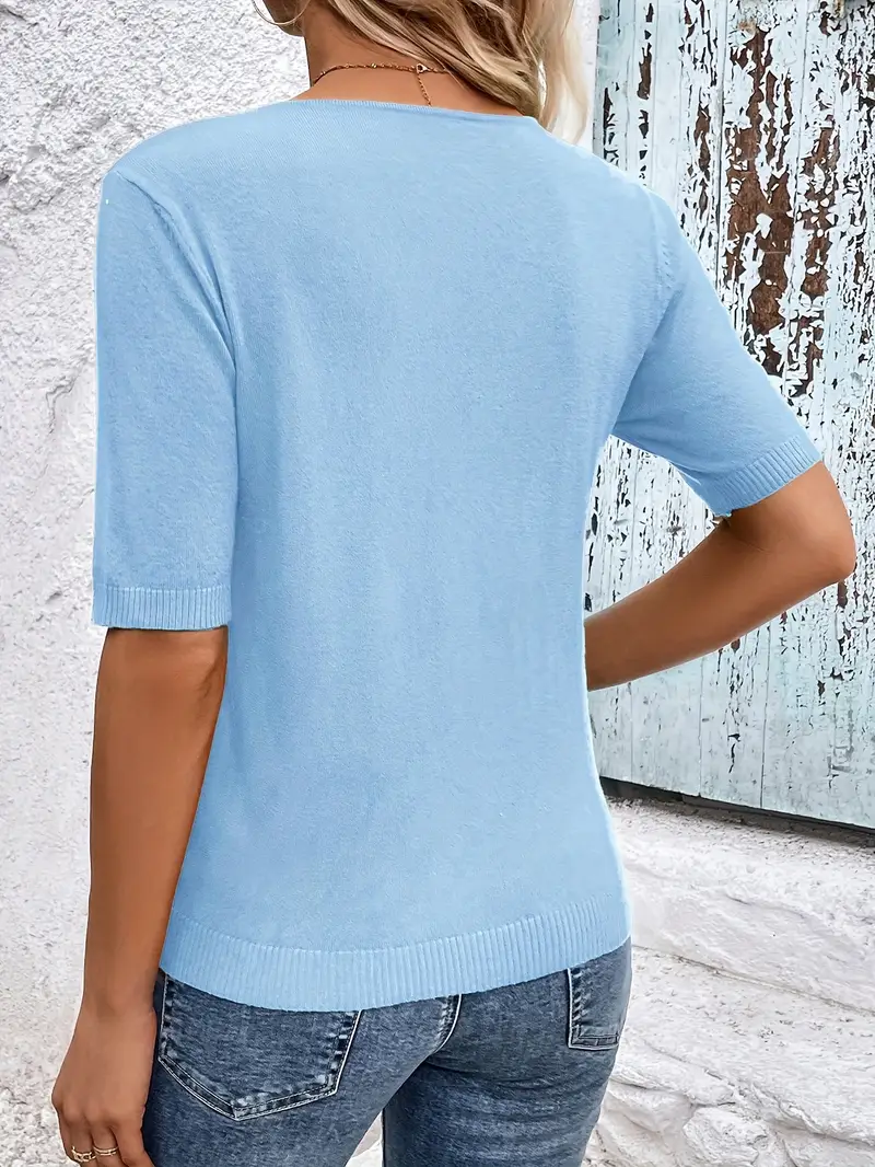 Yuvarlak Yaka Örme Slim Fit Mavi T-Shirt