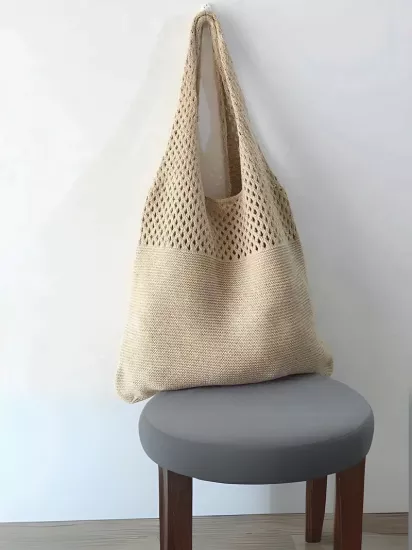 Basit Retro Hollow Örgü Çanta, Geniş Kapasiteli Kadınlar İçin Dokuma Omuz Çantası