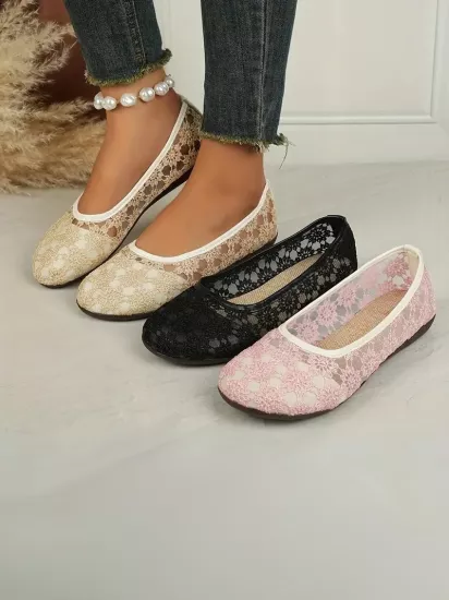 Çiçek Dantelli Kaymaz Taban Günlük Şık Pembe Kadın Babet