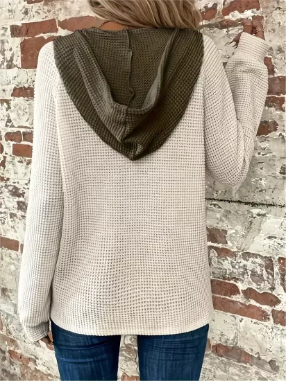 Blok Düğmeli Önü İpli Kapşonlu Günlük Kullanım İçin Uzun Kollu Kadın Sweatshirt
