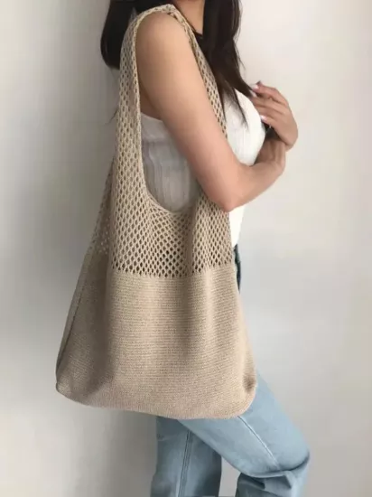 Basit Retro Hollow Örgü Çanta, Geniş Kapasiteli Kadınlar İçin Dokuma Omuz Çantası