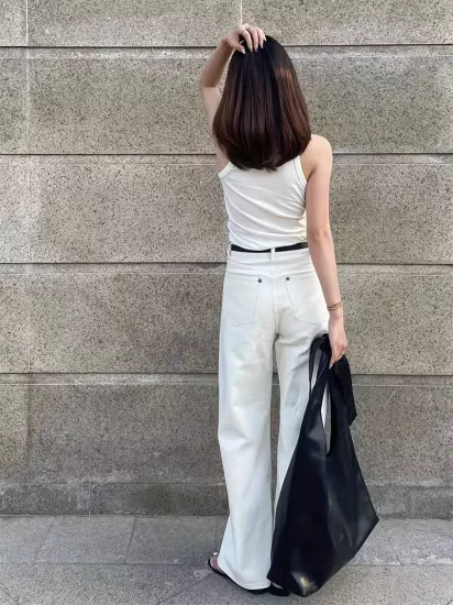 Düz Parça Yüksek Bel Bol Paça Bej Kadın Jean Pantolon 