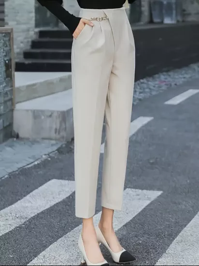 Yüksek Bel Esnek Kumaş Dar Kesim Bej Kadın Pantolon