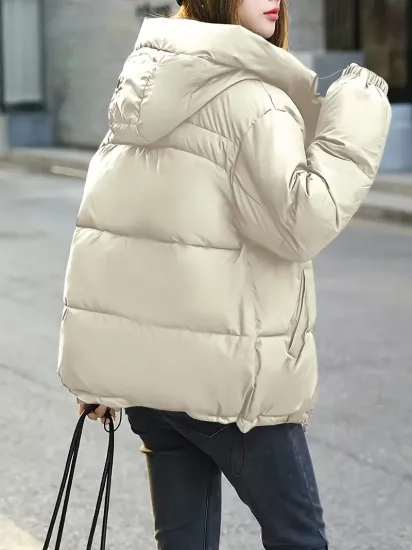 Dik Yaka Kışlık Çift Cepli Bej Kadın Şişme Mont