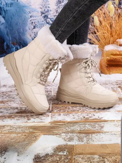 Peluş Polar Astar Yüksek Taban Soğuk Havada Etkili Bej Kadın Kar Botu
