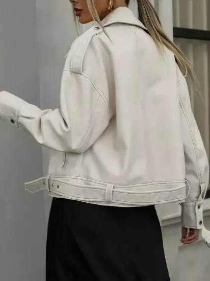 Hakiki Deri Düğmesiz Bej Kadın Ceket