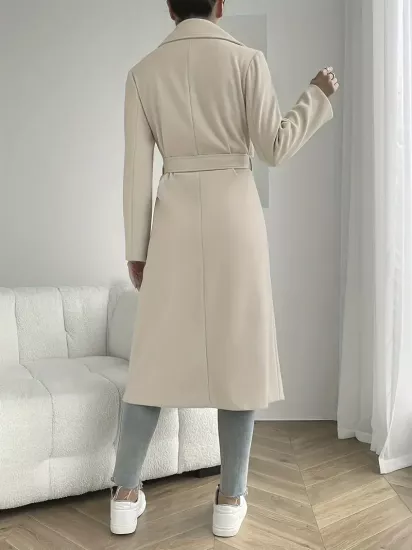 Klasik Yaka Kemer Detaylı Uzun Bej Kadın Trençkot