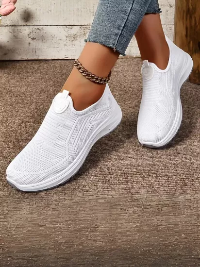 Örgü Kumaş, Rahat Günlük Giyim Bağcıksız Beyaz Kadın Ayakkabı