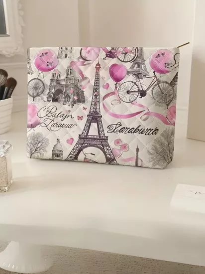 Paris Kulesi Desenli Izgara Fermuarlı Hafif Astarlı Çok Fonksiyonlu Makyaj Çantası