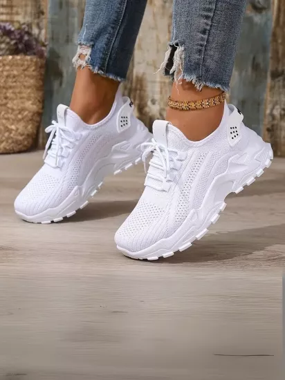 Bağcıklı Rahat Günlük Kullanım İçin Spor Tarz Beyaz Kadın Ayakkabı