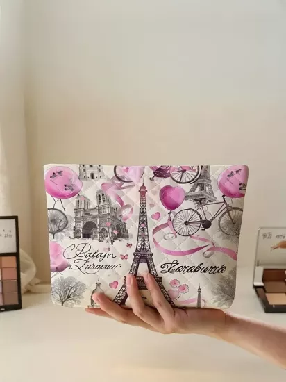 Paris Kulesi Desenli Izgara Fermuarlı Hafif Astarlı Çok Fonksiyonlu Makyaj Çantası