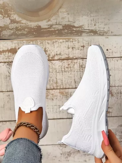 Örgü Kumaş, Rahat Günlük Giyim Bağcıksız Beyaz Kadın Ayakkabı