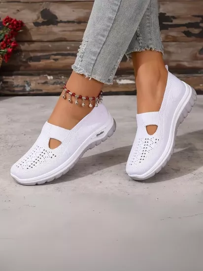 Örgü Desenli Topuksuz Düz Günlük Kullanım İçin Rahat ve Sade Beyaz Kadın Sneaker