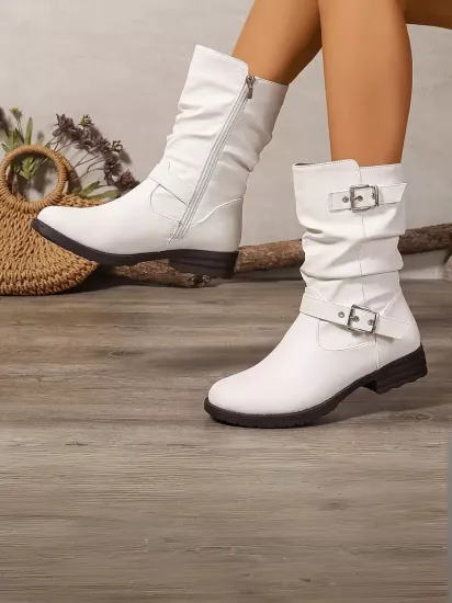 Çift Kemerli İçten Fermuarlı Hakiki Deri Şık Beyaz Kadın Bot
