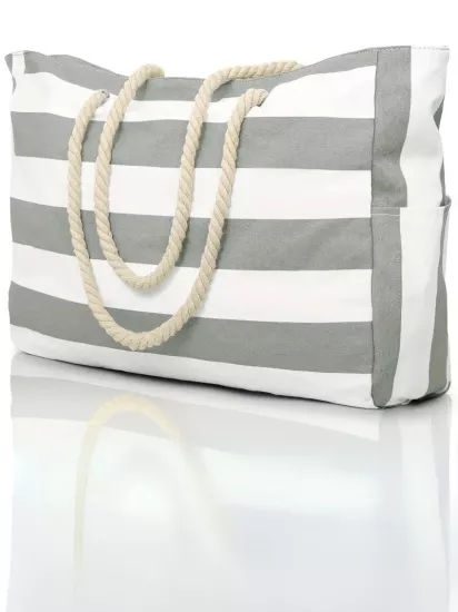 Fermuarlı Büyük Hacimli Plaj ve Havuz İçin Kadın Kanvas Çanta