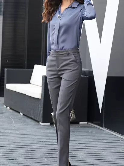 Yüksek Bel Esnek Kumaş Dar Kesim Gri Kadın Pantolon