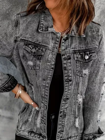 Klasik Şehirli Tarzda Yırtmaçlı Gri Kadın Uzun Jean Ceket