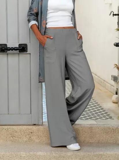 Yüksek Bel Esnek Kumaş Bol Kesim Gri Kadın Pantolon