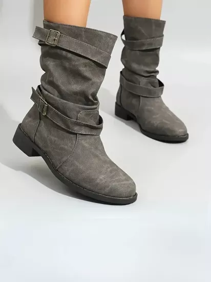 Çift Kemerli Hakiki Deri Şık Kahverengi Kadın Bot