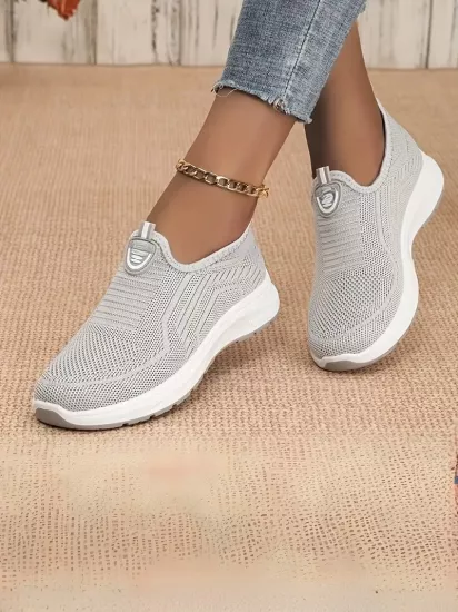 Örgü Kumaş, Rahat Günlük Giyim Bağcıksız Gri Kadın Ayakkabı