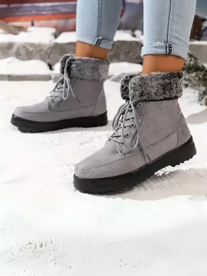 Peluş Kürk Astarlı Soğuk Havaya Dayanıklı Kaymaz Taban Gri Kadın Kar Botu