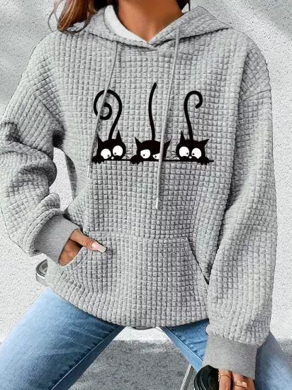 Karikatür Kedi Baskılı Kapşonlu Geniş Kesim Rahat Sonbahar ve İlkbahar İçin Uzun Kollu Üst Kadın Sweatshirt