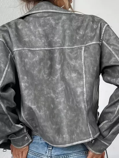 Hakiki Deri Düğmesiz Gri Kadın Ceket