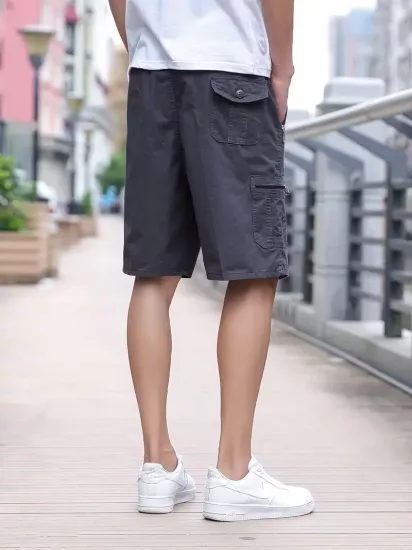 Hafif Pamuk Düz Renk Fermuarlı Cepli Ayarlanabilir Bel, Rahat Yazlık Kıyafet Erkek Şort