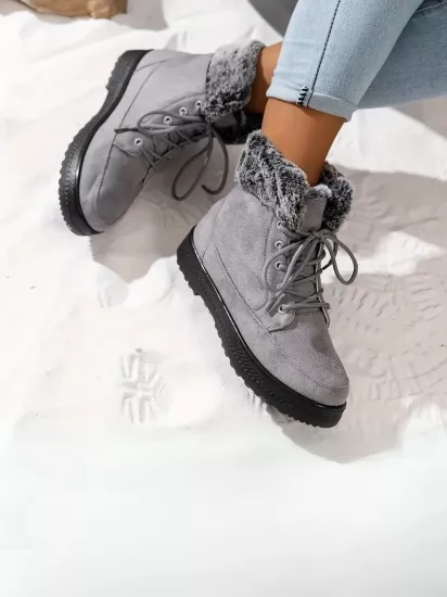 Peluş Kürk Astarlı Soğuk Havaya Dayanıklı Kaymaz Taban Gri Kadın Kar Botu