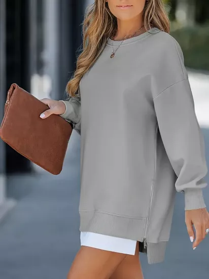 Rahat Yuvarlak Yaka Yarım Etek Elastanlı Polyester Örgü Kumaş Düz Renk, Uzun Kollu Kadın Sweatshirt