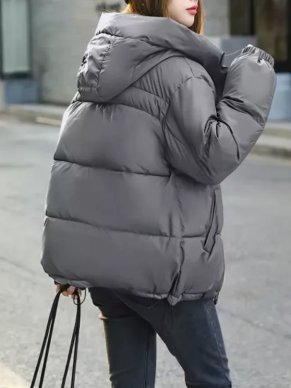 Dik Yaka Kışlık Çift Cepli Gri Kadın Şişme Mont