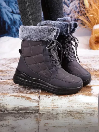 Peluş Polar Astar Yüksek Taban Soğuk Havada Etkili Gri Kadın Kar Botu