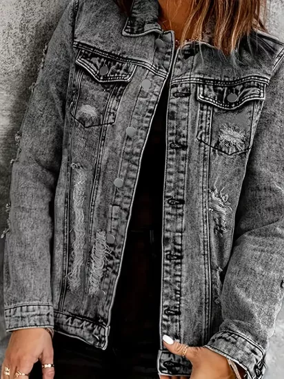 Klasik Şehirli Tarzda Yırtmaçlı Gri Kadın Uzun Jean Ceket