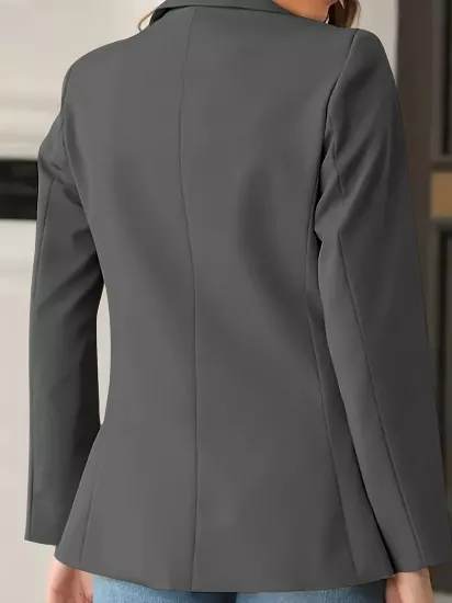 Klasik Yaka Çift Cepli Düğme Detaylı Gri Kadın Business Ceket