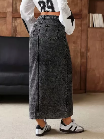 Klasik Düz Günlük Kullanım İçin Gri Kadın Jean Etek