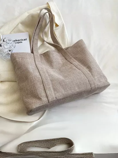 Kene Kumaşlı Geniş Hacimli Fermuarlı Çok Yönlü Çoklu Cep Detaylı Modern Kadın Bez Çanta