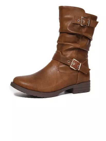 Çift Kemerli İçten Fermuarlı Hakiki Deri Şık Kahverengi Kadın Bot
