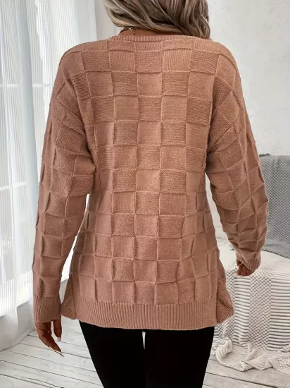 V Yaka Uzun Kollu Son Bahar Kış Modası Kahverengi Kadın Kazak