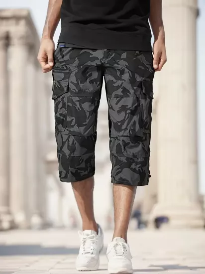 Çoklu Fermuarlı Cep Detaylı Taktik Kargo Pantolon Pamuk Karışımı, Esnek Bel Bantı, Düğmeli Kapama Erkek Şort