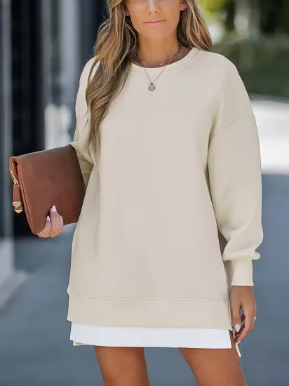 Rahat Yuvarlak Yaka Yarım Etek Elastanlı Polyester Örgü Kumaş Düz Renk, Uzun Kollu Kadın Sweatshirt