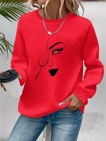 Yeni Çizgi Kadın Yüz Baskılı 100% Polyester Sıcak Astarlı Rahat Örgü Kumaş ile, Bahar ve Sonbahar Modası Kadın Sweatshirt