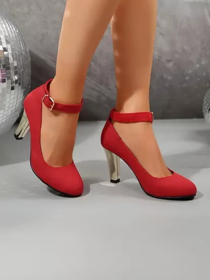 Yuvarlak Burun Yüksek Topuklu Kumaş Kırmızı Kadın Ayakkabı