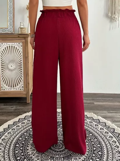 Yüksek Bel Esnek Kumaş Bol Kesim Kırmızı Kadın Pantolon
