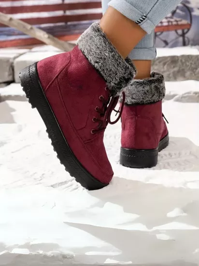 Peluş Kürk Astarlı Soğuk Havaya Dayanıklı Kaymaz Taban Kırmızı Kadın Kar Botu