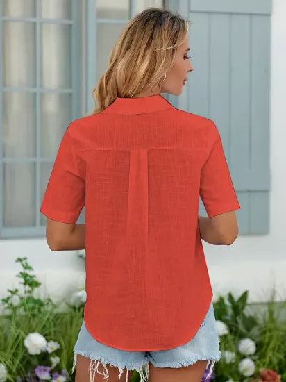 Kısa Kollu Düz Günlük Kullanım İçin Kırmızı Kadın Gömlek