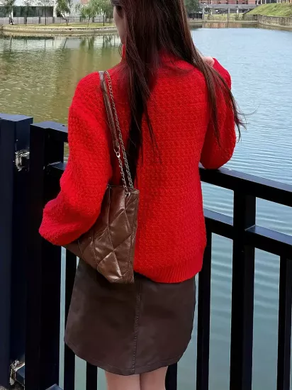 Boğazlı Uzun Kollu Kış Modası Kırmızı  Kadın Kazak