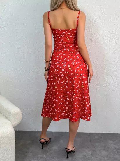 Dokuma Ayarlanabilir Askılı Kırmızı Kısa Elbise 