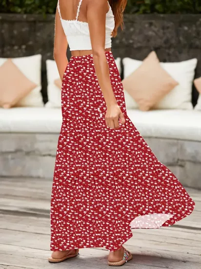 Bol Kesim Kıvrımlı Kırmızı Kadın Kumaş Etek