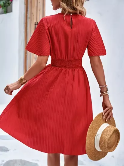 Yuvarlak Yaka Özel Kumaş Kırmızı  Kısa Elbise